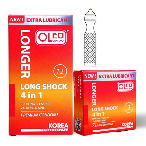 Bao Cao Su Oleo Lampo LONG SHOCK 4 in 1 - Hộp 12 Cái